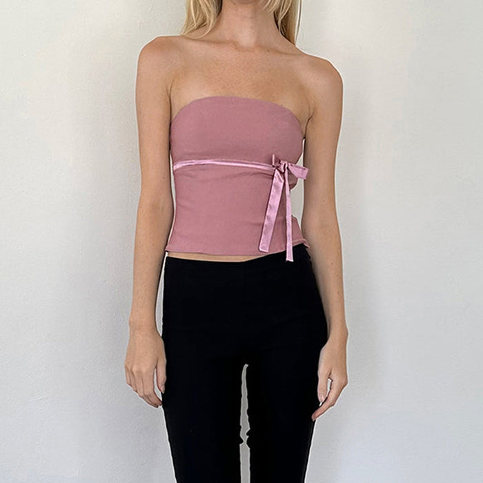 Girly Solid Color Bow Sleeveless Tube Top Women Bottoming Spring