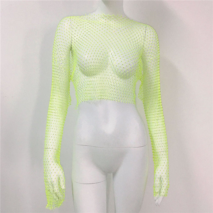 Fishnet T shirt Mesh Rhinestone Long Sleeved Top Sexy Rhinestone Fishnet Clothes Women