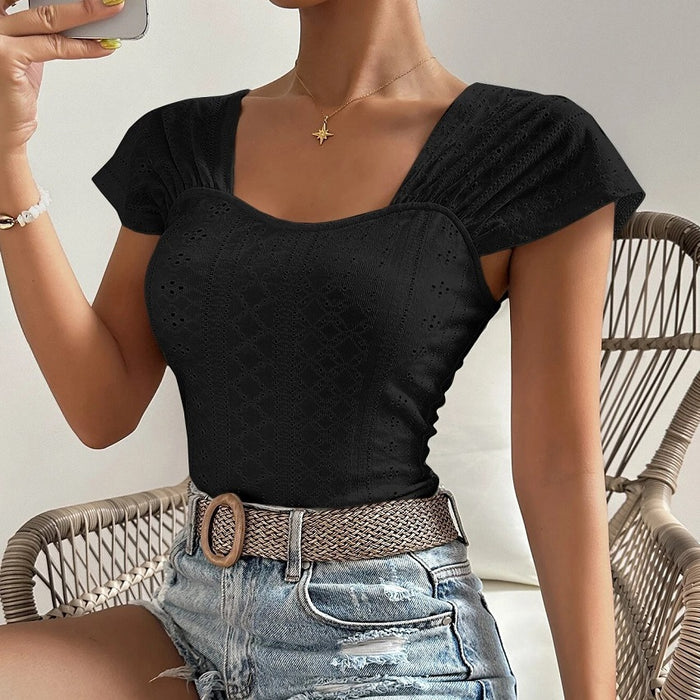 Summer Women Square Collar Backless Slim Fit Short Sleeve All Matching T Shirt Women