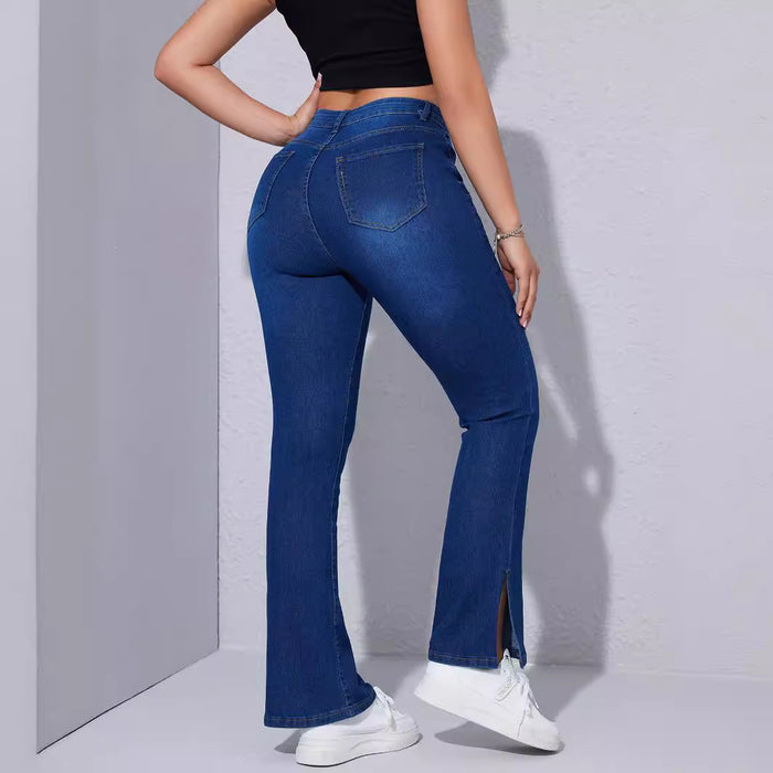 High Waist Stretch Foot Slit Slim Jeans for Women