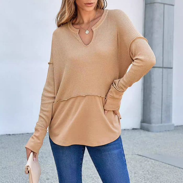 Autumn Winter Ladies Casual Shirt Solid Color Long Sleeve Stitching Solid Color Loose Sweater Women Top