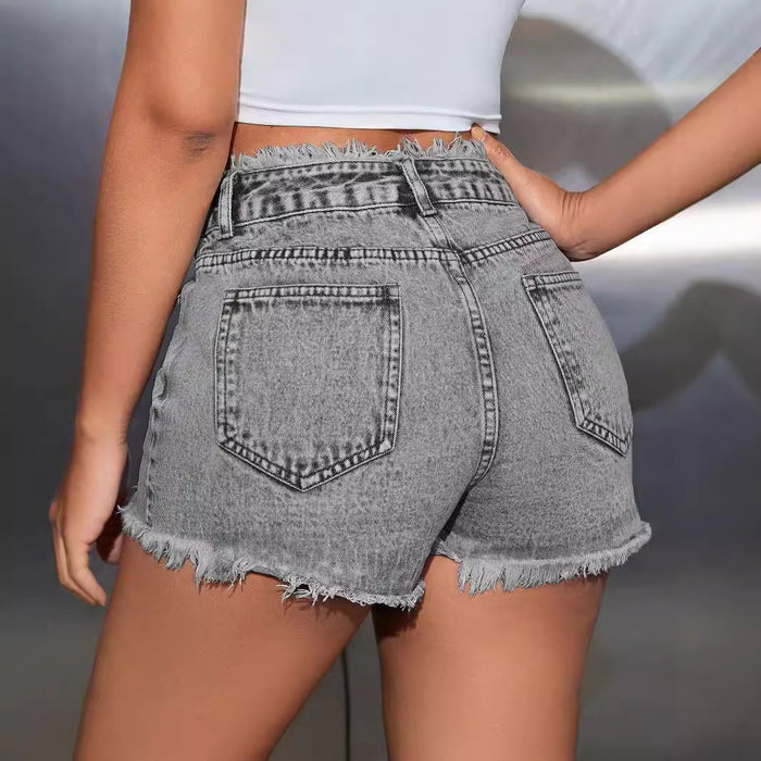 Women Clothing High Waist Loose Slimming Raw Hem Jeans Shorts