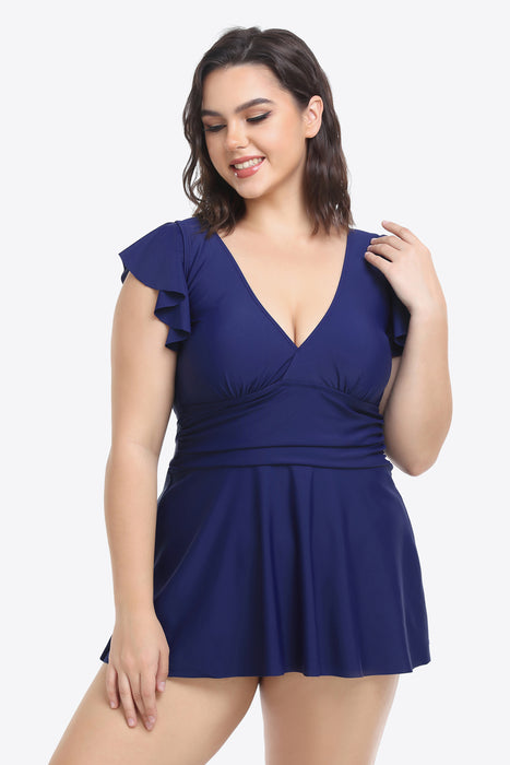 Plus Size Ruffled Plunge Swim Dress and Bottoms Set