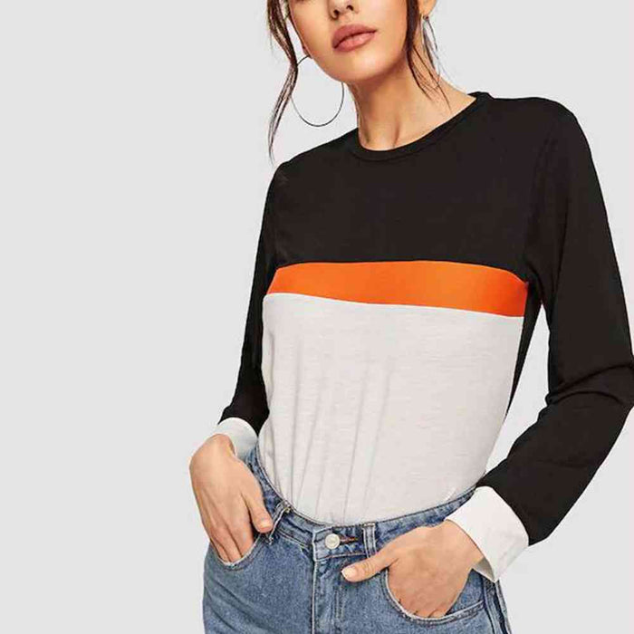 Color Block Round Neck Long Sleeve Tee