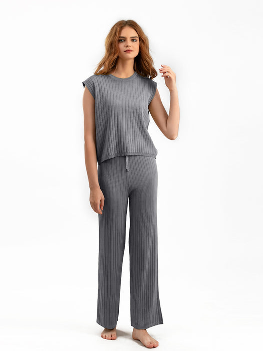 Ribbed Sweater Vest and Drawstring Knit Pants Set