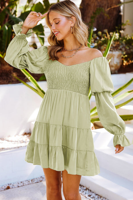 Smocked Off-Shoulder Tiered Mini Dress