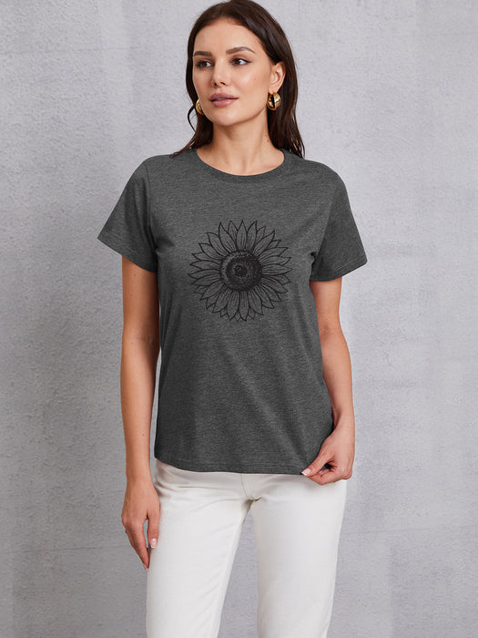 Flower Print Round Neck Short Sleeve T-Shirt