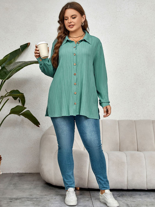 Plus Size Collared Neck Long Sleeve Shirt