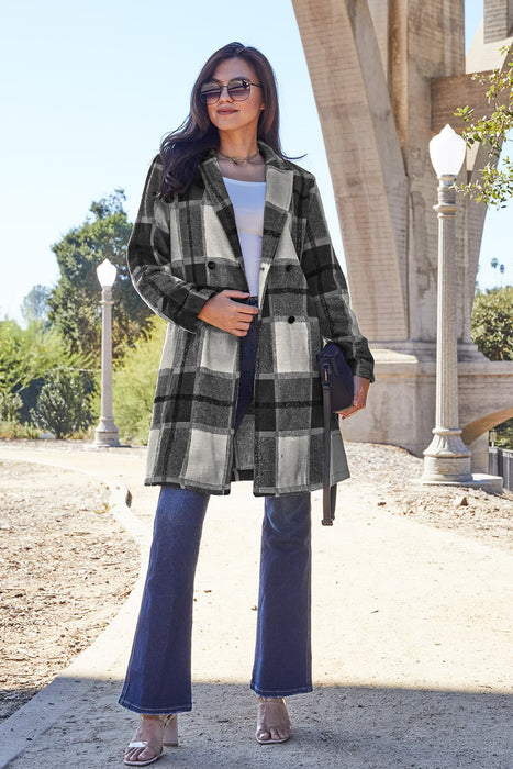 Double Take Full Size Plaid Button Up Lapel Collar Coat