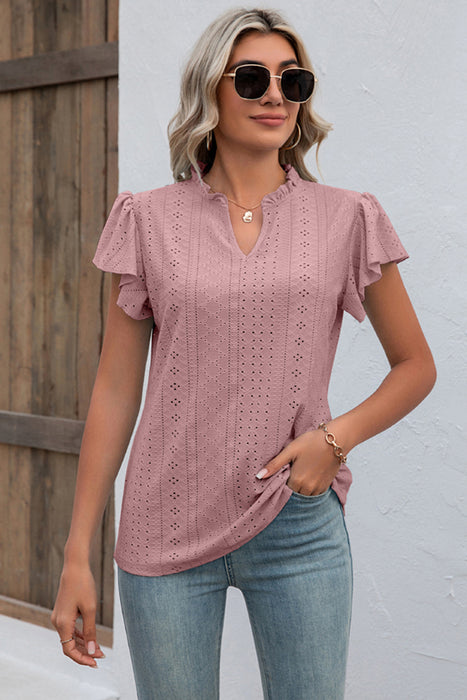 Eyelet Notched Flutter Sleeve T-Shirt