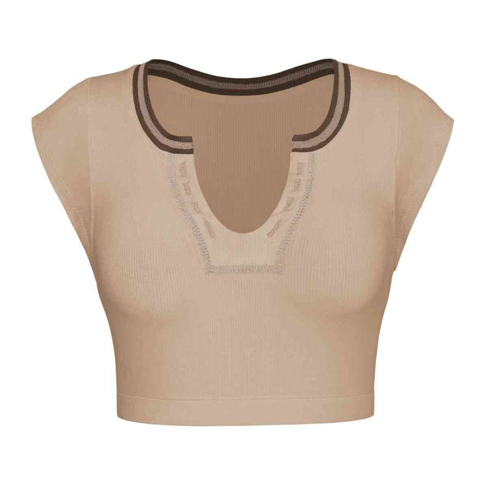 Notched Neck Cap Sleeve Cropped Tee