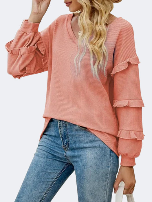 Ruffled V-Neck Long Sleeve T-Shirt