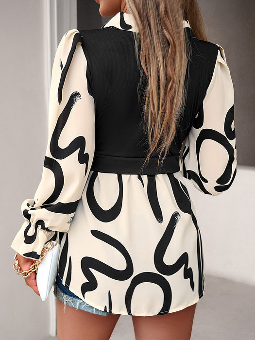 Collared Neck Black And White Color-Contrast Print Long Sleeve Shirt