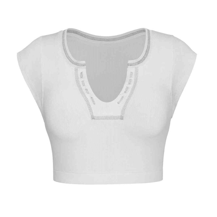 Notched Neck Cap Sleeve Cropped Tee