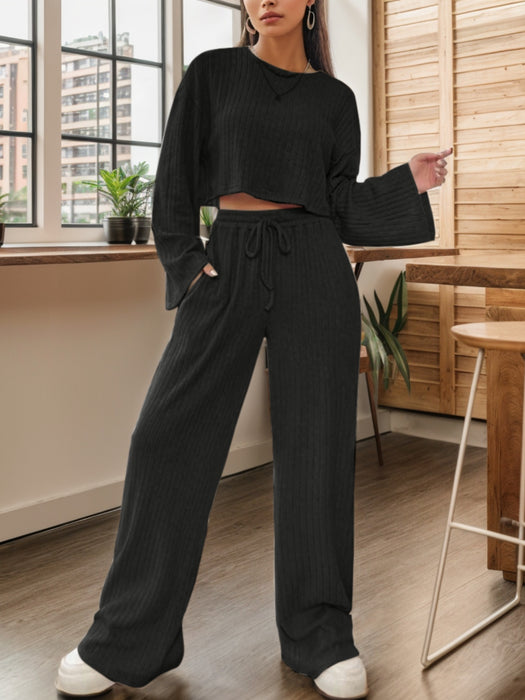 Ribbed Round Neck Top and Drawstring Pants Set