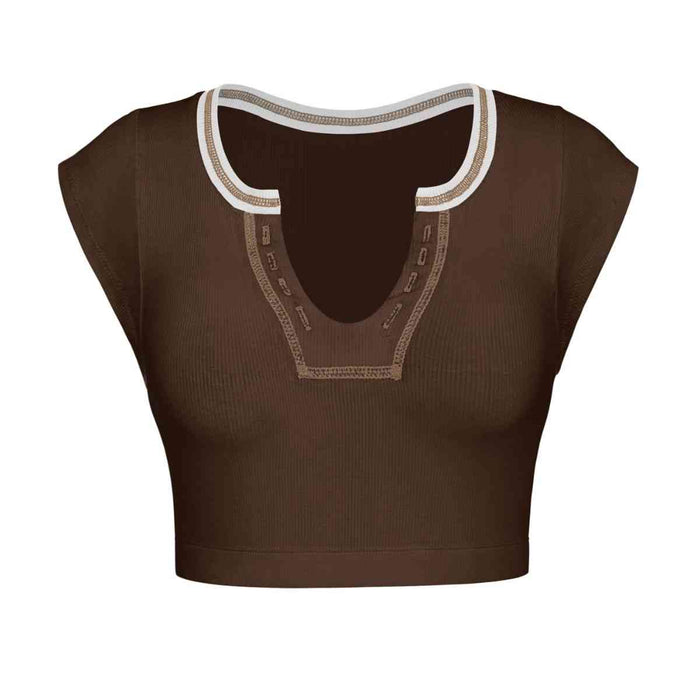 Notched Neck Cap Sleeve Cropped Tee