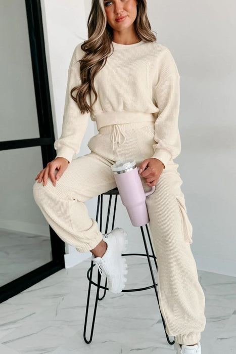 Waffle-knit Top and Drawstring Joggers Set