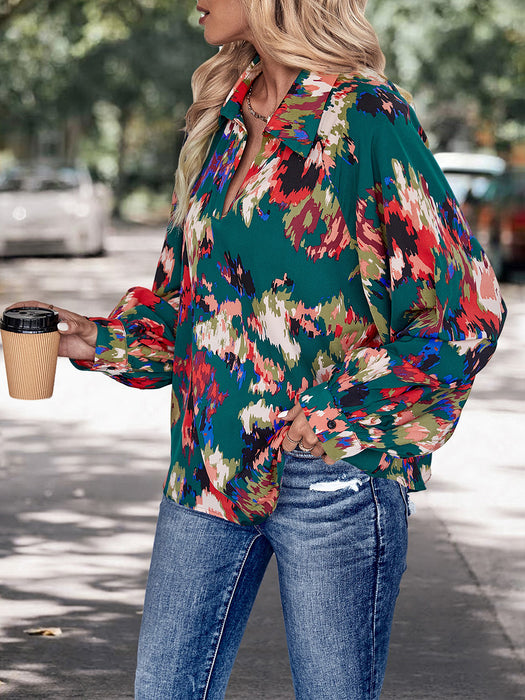 Printed Johnny Collar Long Sleeve Blouse