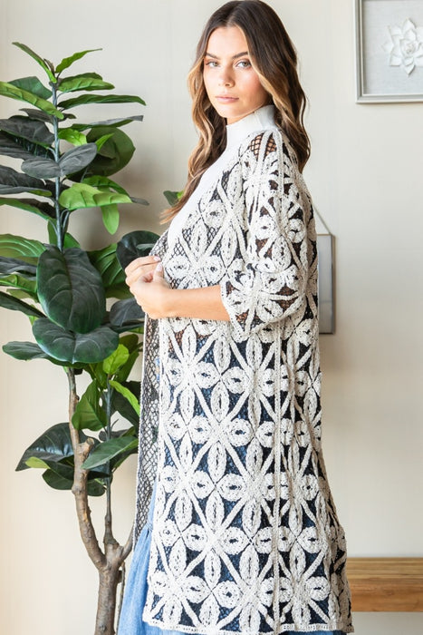 Veveret Geometric Open Front Three-Quarter Sleeve Cardigan