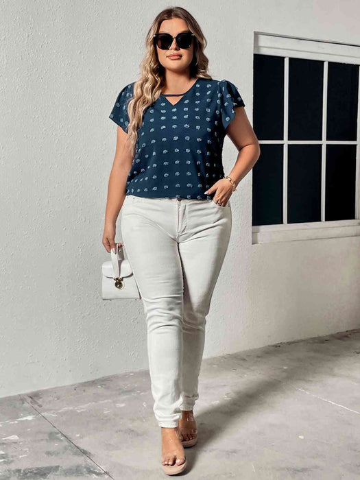 Plus Size Swiss Dot V-Neck Flutter Sleeve Tee