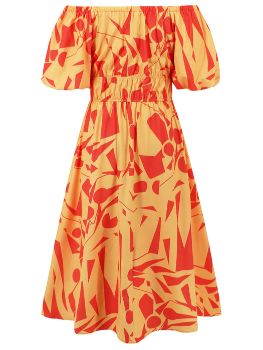 Printed Off-Shoulder Balloon Sleeve Dress