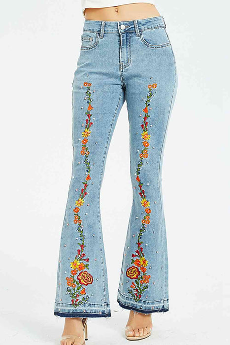 Full Size Flower Embroidery Wide Leg Jeans