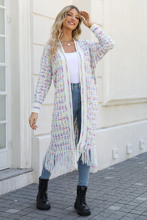 Multicolored Open Front Fringe Hem Cardigan