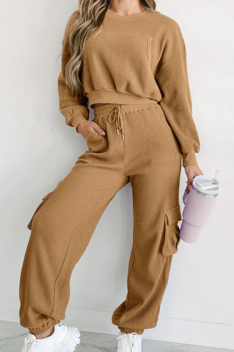 Waffle-knit Top and Drawstring Joggers Set