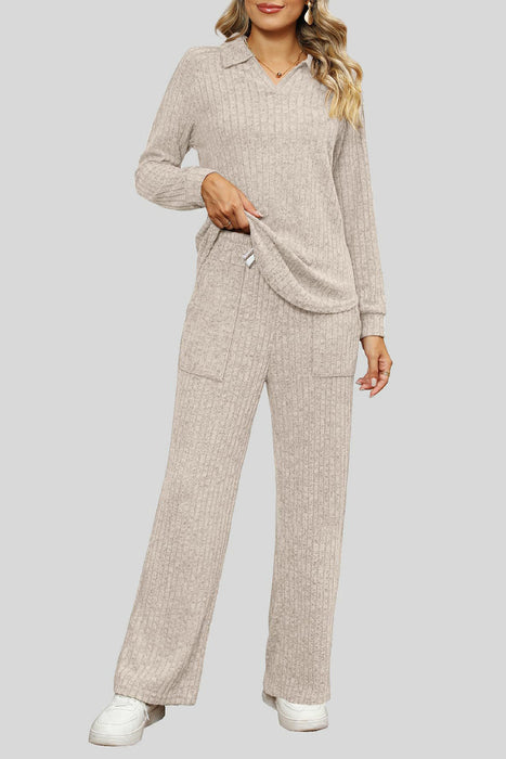 Ribbed Long Sleeve Top and Pocketed Pants Set