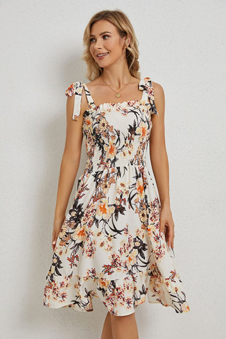 Floral Tie Shoulder Smocked Ruffle Hem Dress