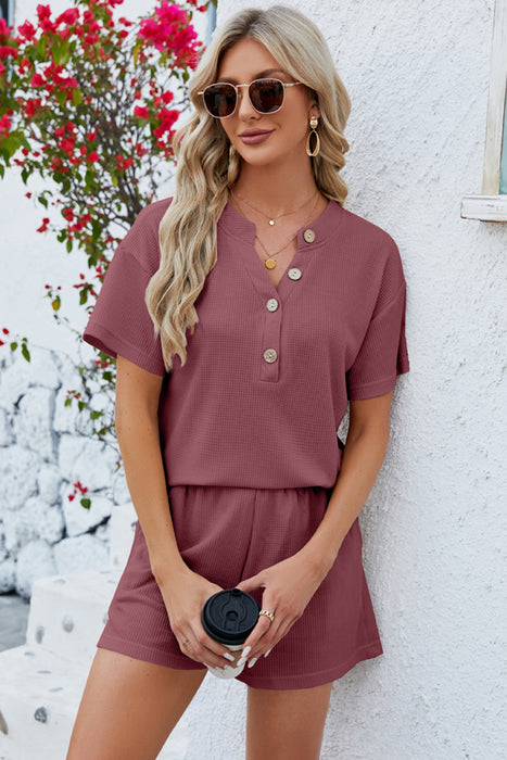 Notched Button Detail Dropped Shoulder Top and Shorts Set