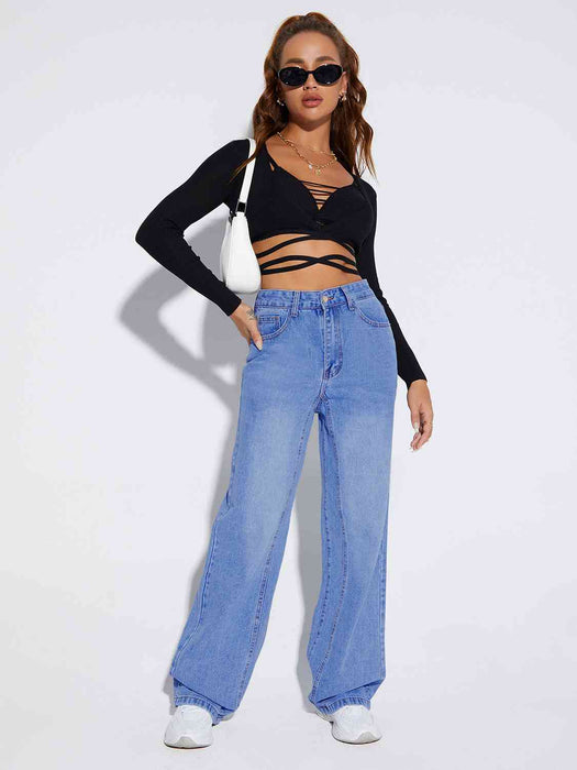 Buttoned Fly Long Jeans