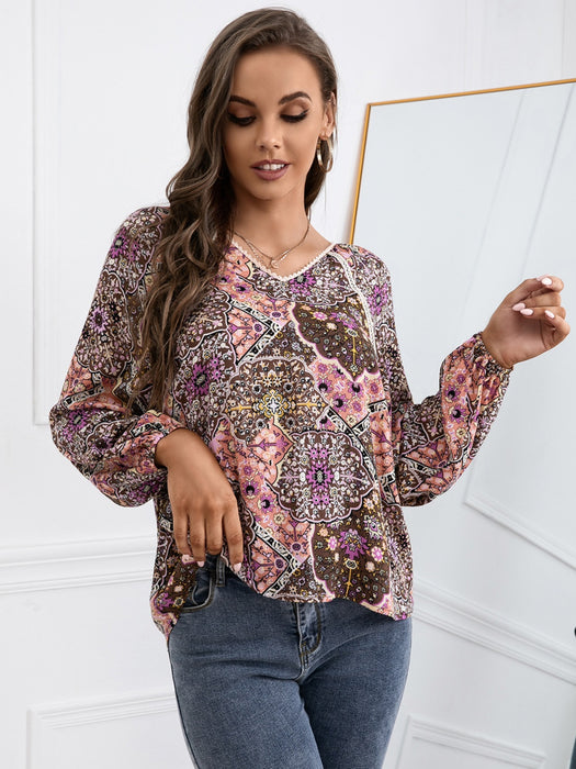 Lace Detail Printed V-Neck Blouse