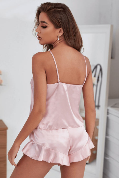 Satin Cami, Ruffle Hem Shorts Pajama Set