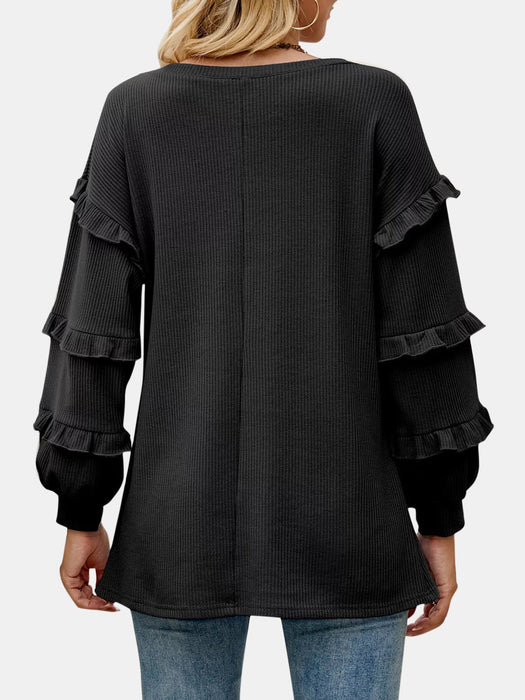 Ruffled V-Neck Long Sleeve T-Shirt