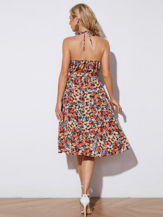 Floral Halter Neck Tie-Waist Backless Dress