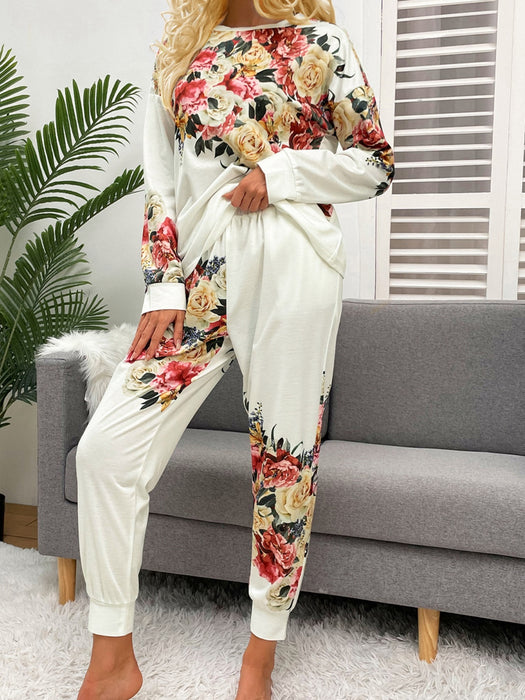 Printed Round Neck Top and Drawstring Pants Lounge Set