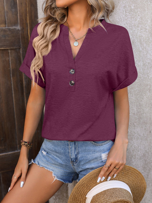 Notched Buttoned Short Sleeve T-Shirt